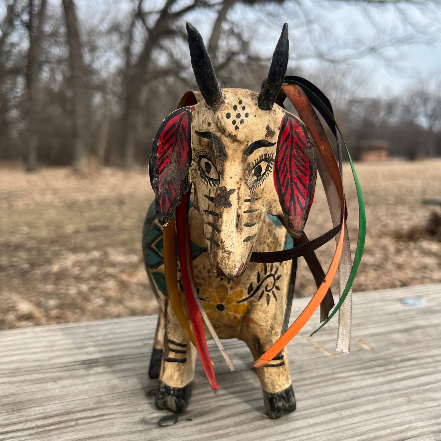 Hand crafted goat gourd maraca.