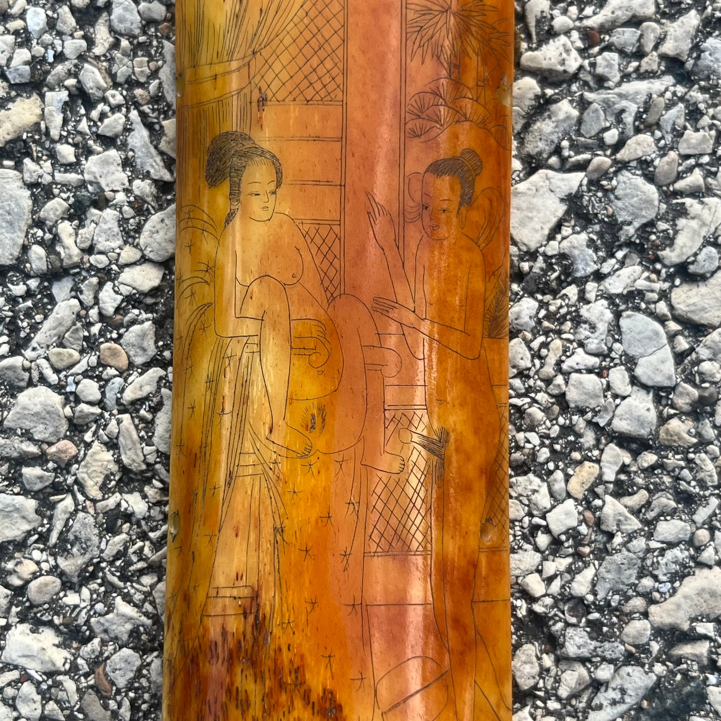 Vintage Chinese erotic scrimshaw on real ox bone.
