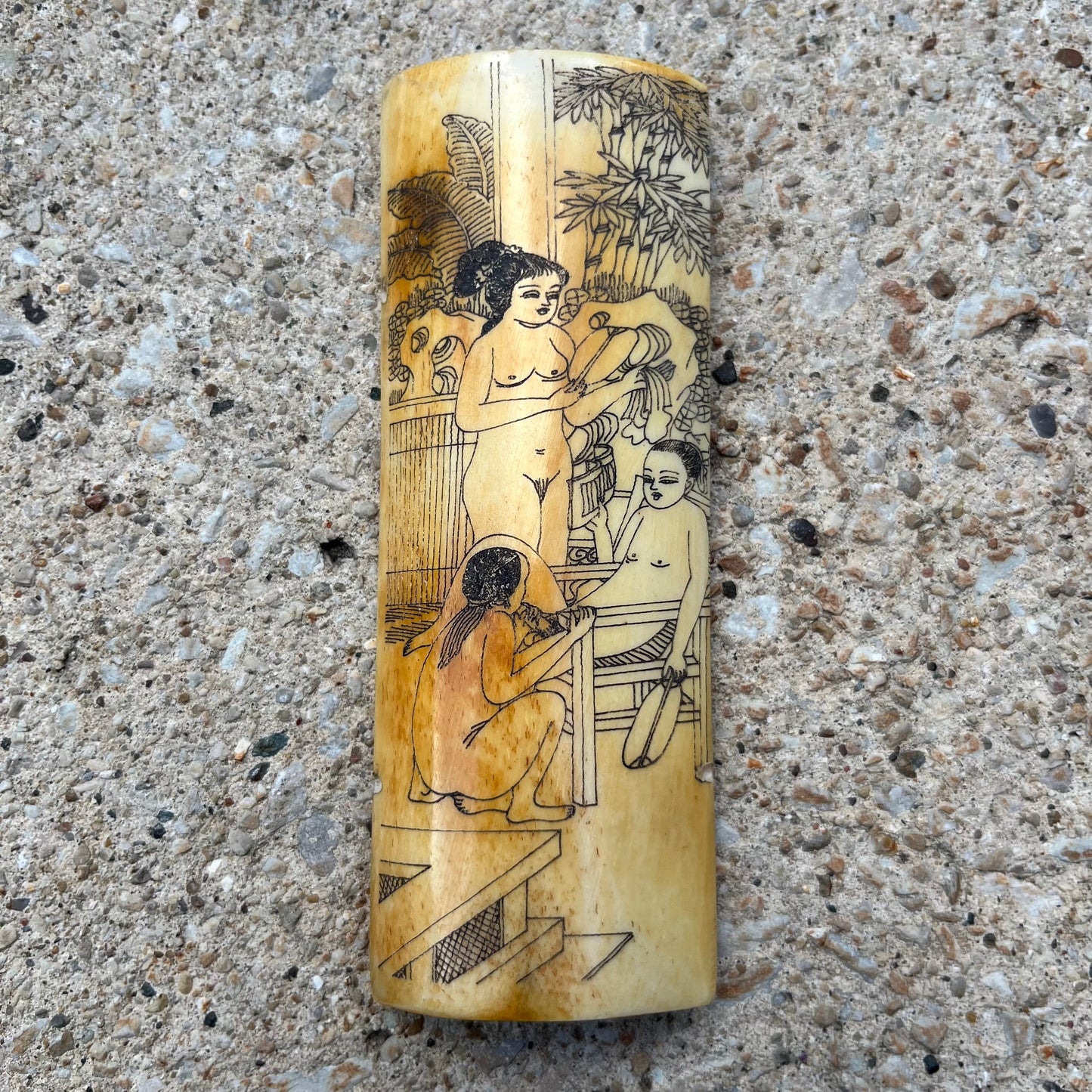 Vintage Chinese erotic scrimshaw on real ox bone.