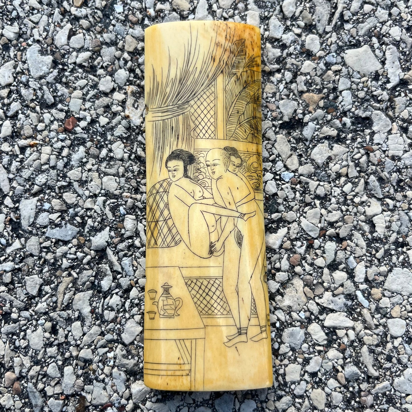 Vintage Chinese erotic scrimshaw on real ox bone.