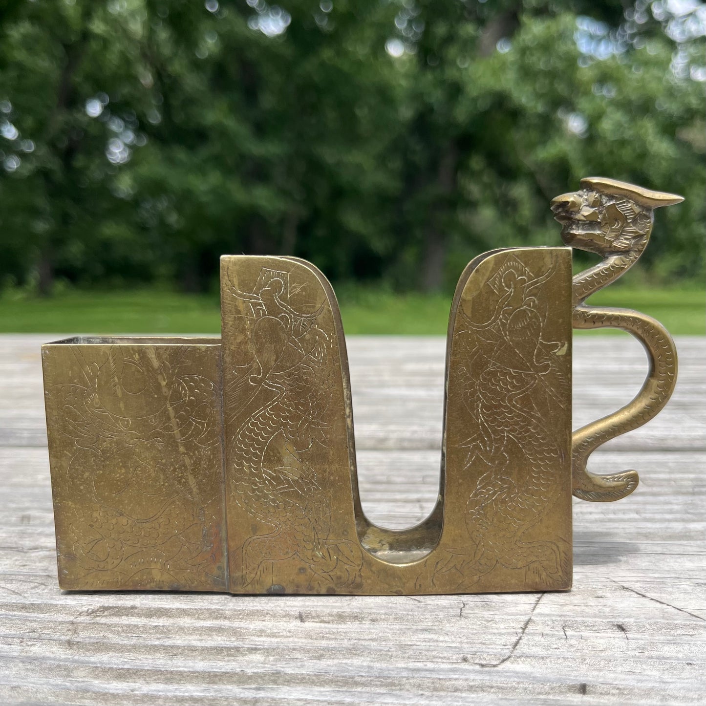 Vintage brass dragon Cigarette/matchbox holder combo.