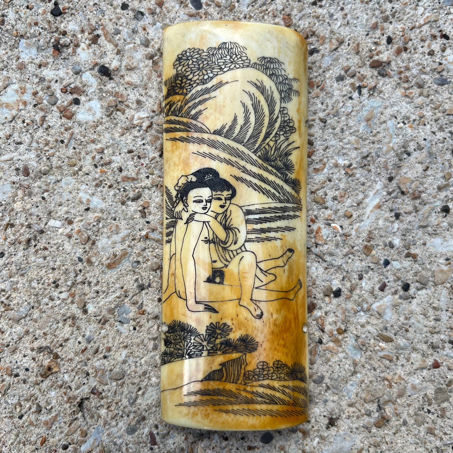 Vintage Chinese erotic scrimshaw on real ox bone.
