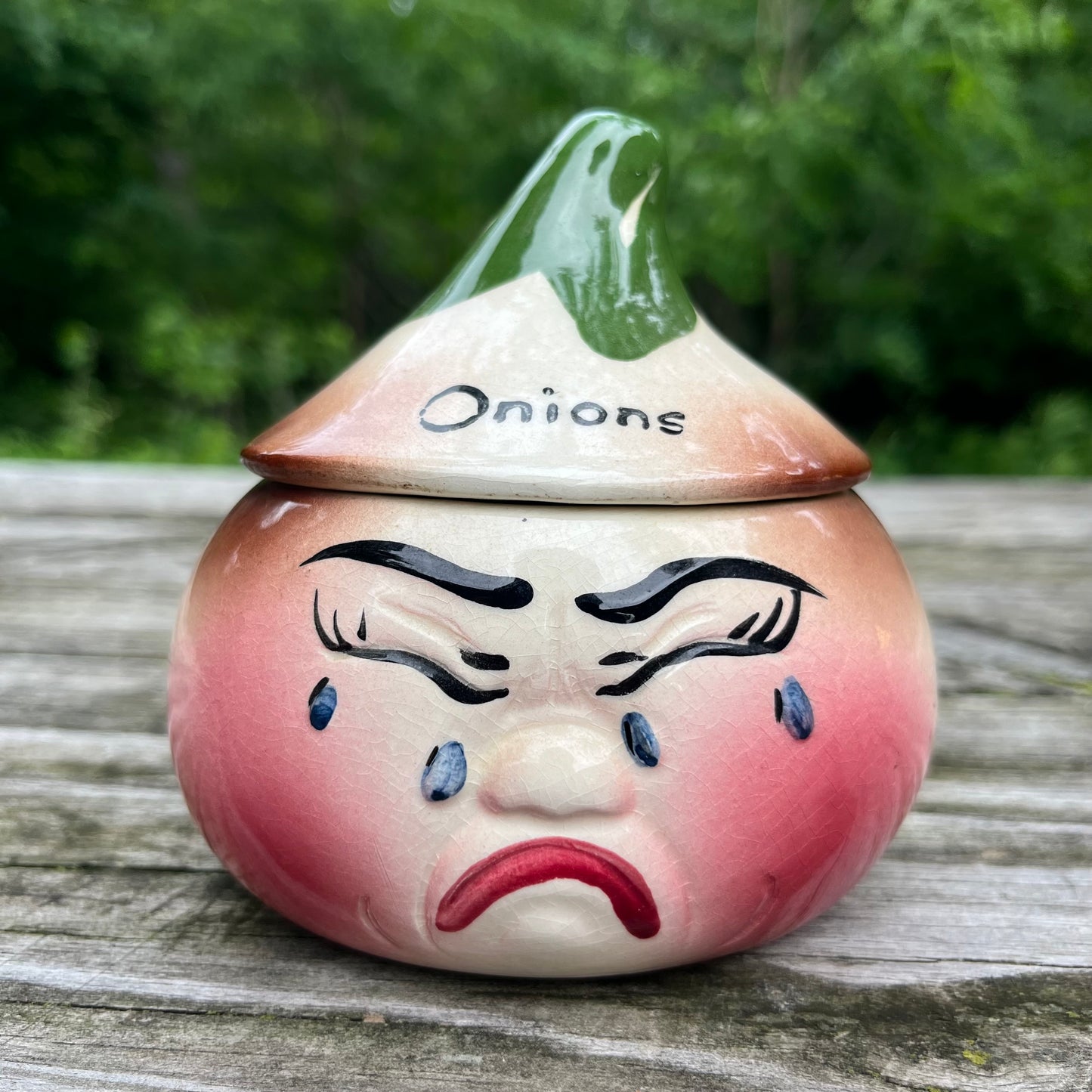 1950s Ceramic crying onion condiment jar.