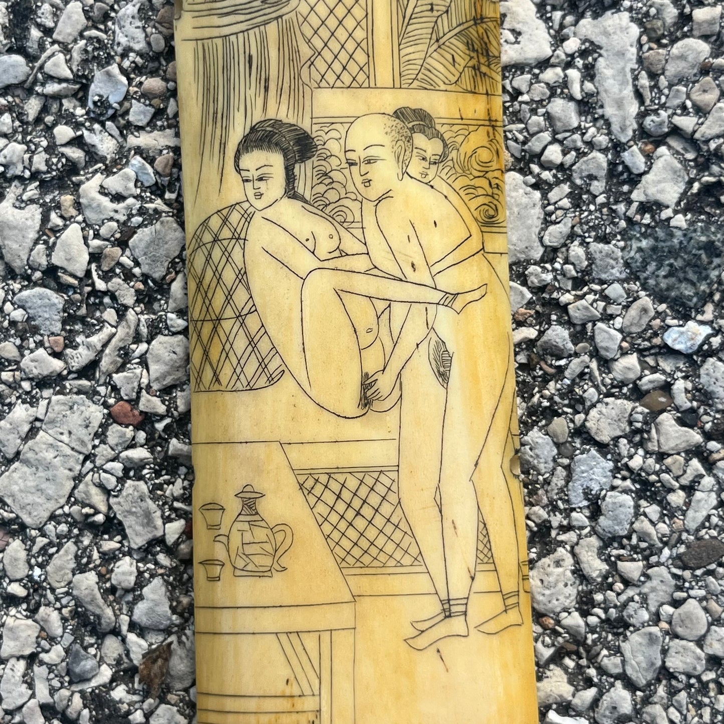 Vintage Chinese erotic scrimshaw on real ox bone.