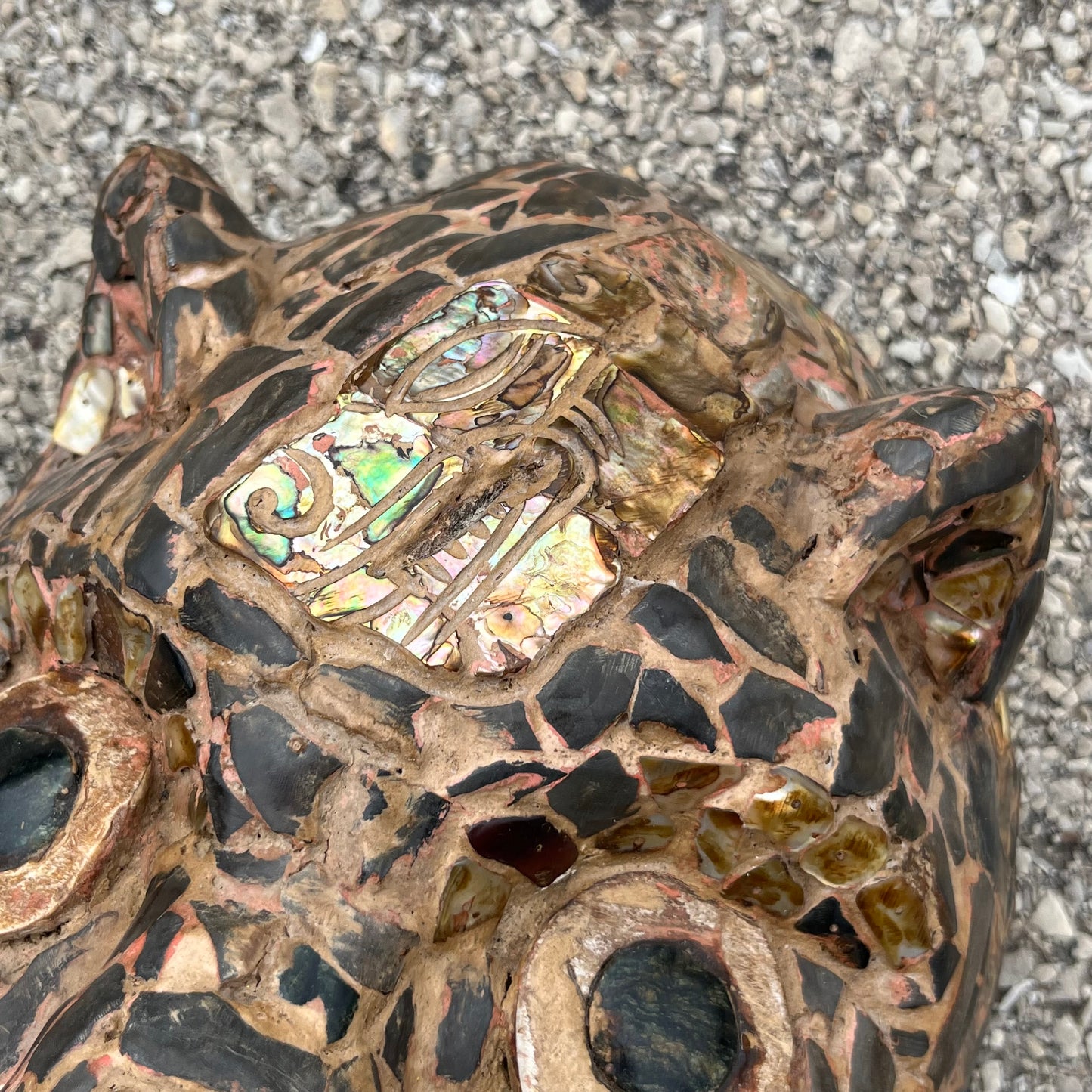 Vintage abalone Danza Del Tigre jaguar mask.