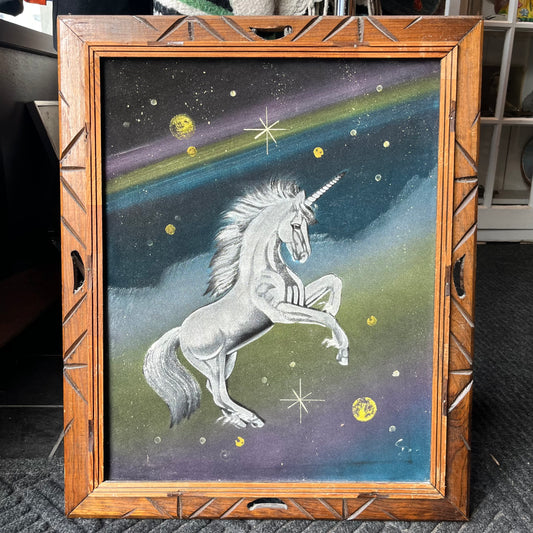 1970s Space unicorn on black velvet.