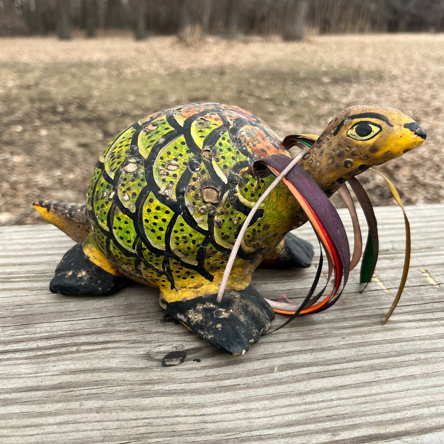 Hand crafted turtle gourd maraca.