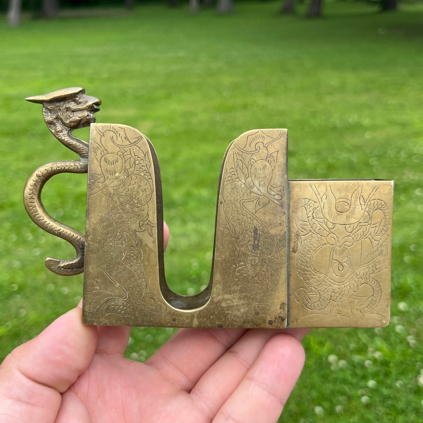 Vintage brass dragon Cigarette/matchbox holder combo.