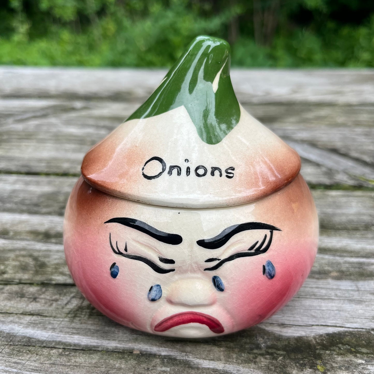 1950s Ceramic crying onion condiment jar.