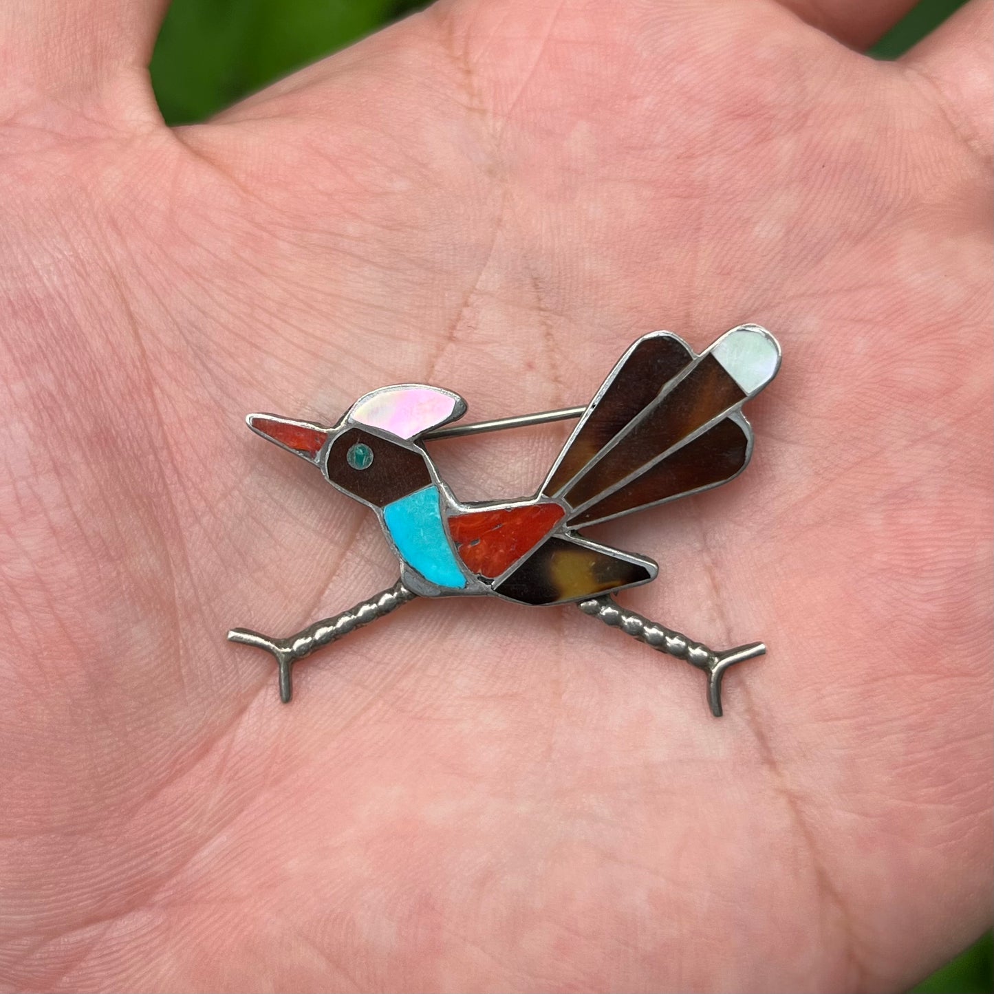 Vintage Sterling silver inlaid road runner brooch.