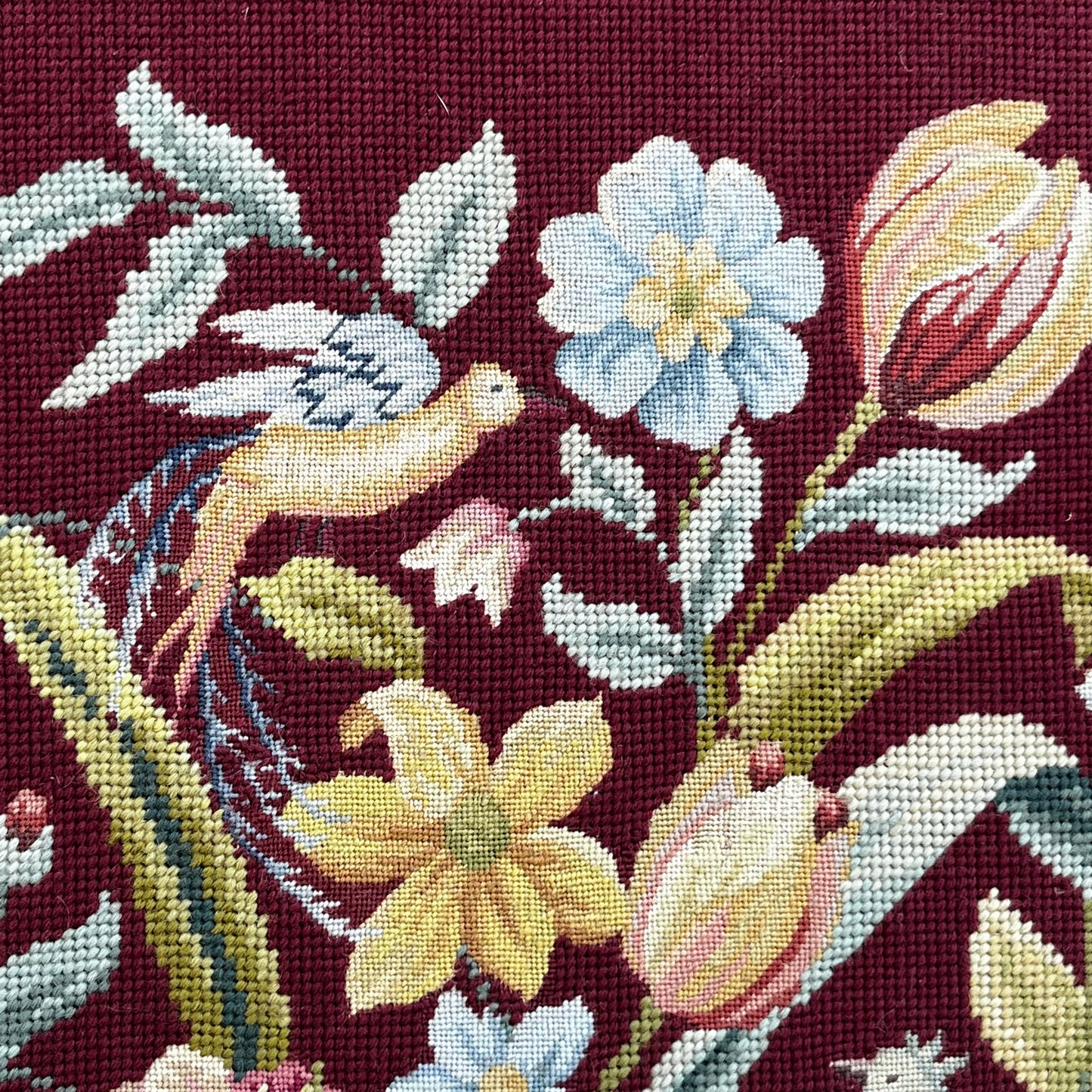Framed 1970s Birds and flowers needlepoint.