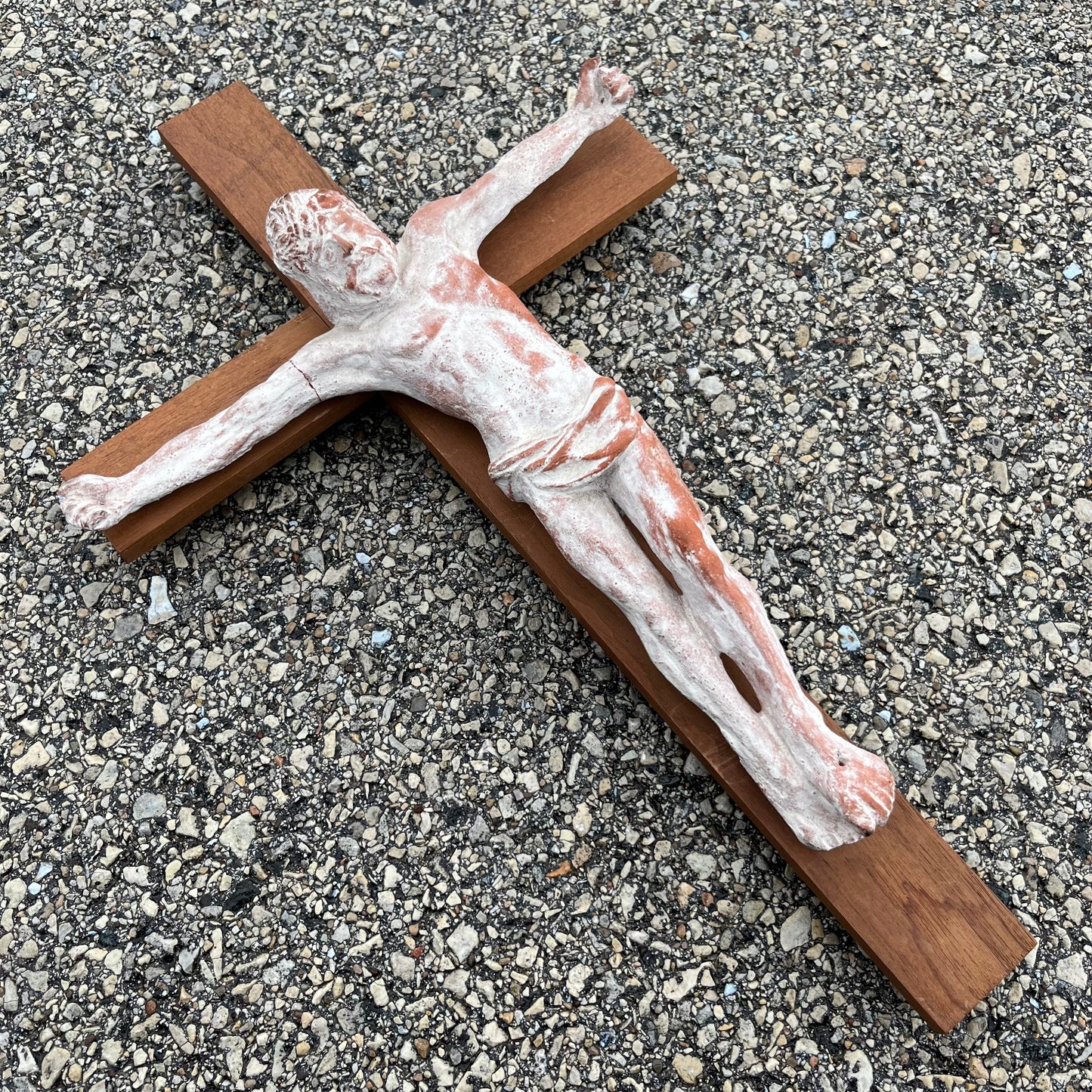 Vintage two piece clay crucifix.