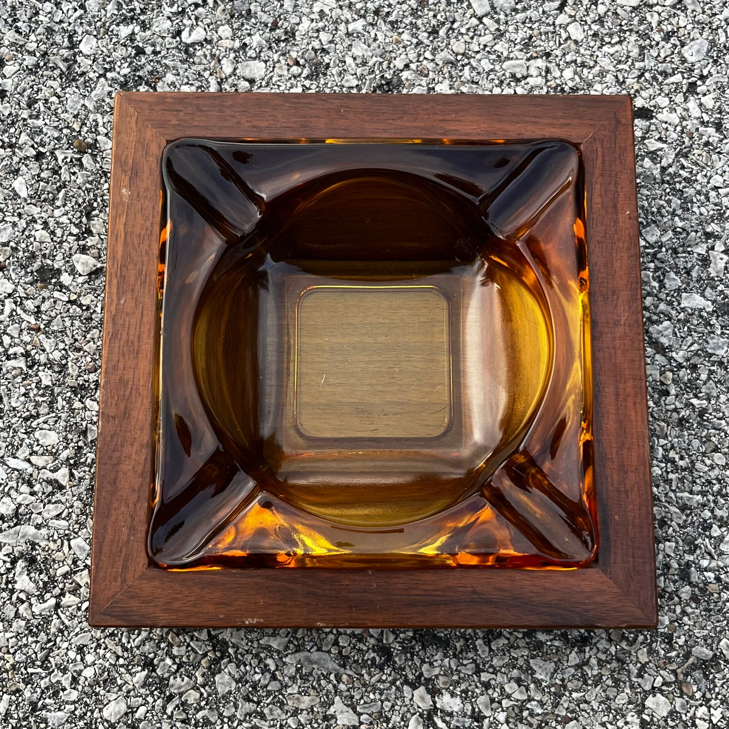 1960s Two piece wood and Amber glass ashtray.