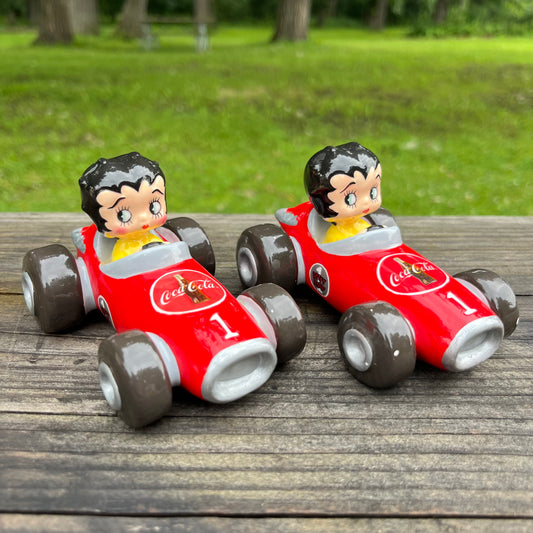 Y2K Betty Boop racecar salt n' pepper shakers.