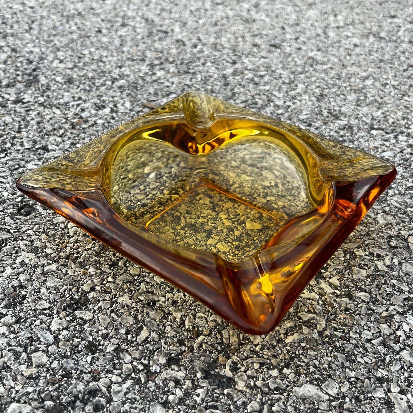 1960s Two piece wood and Amber glass ashtray.