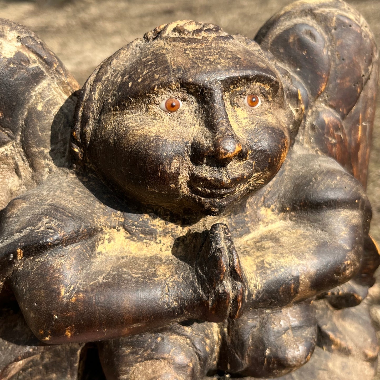 1980s Hand crafted cherub with glass eyes.