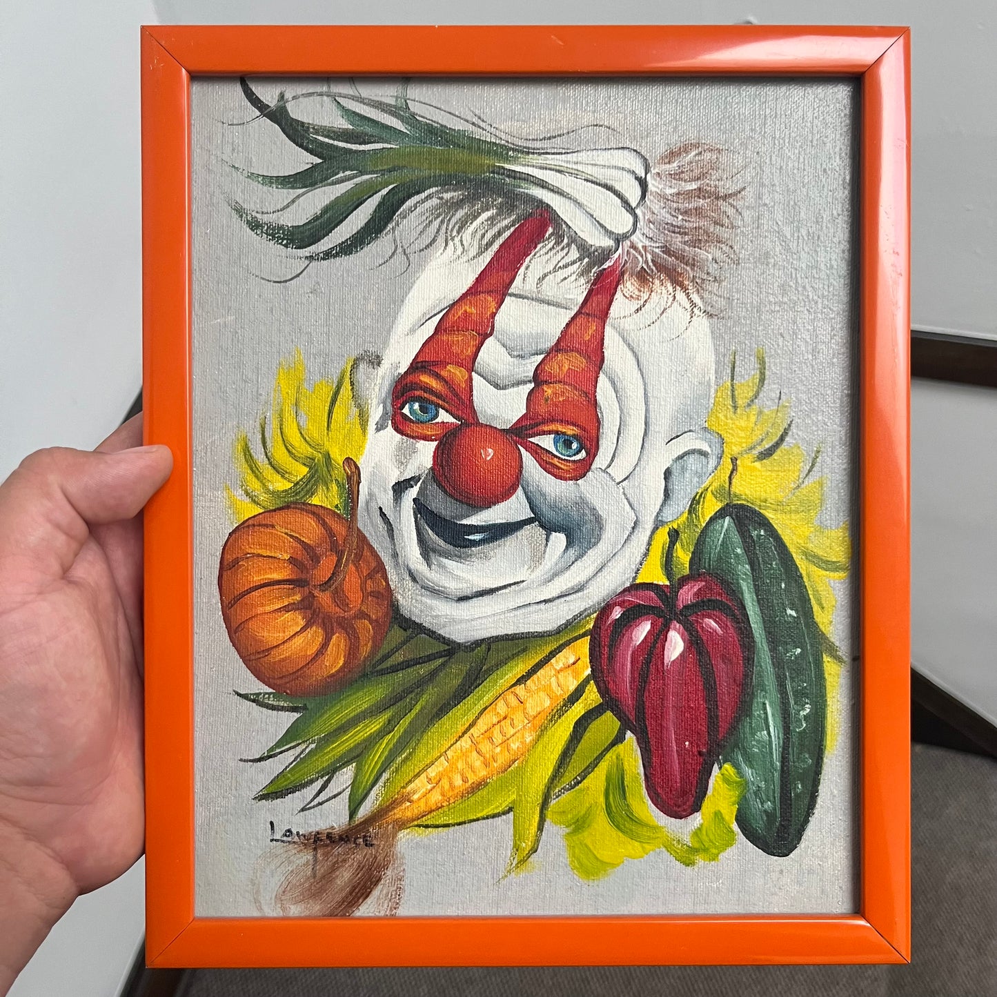 Vintage veggie clown painting.