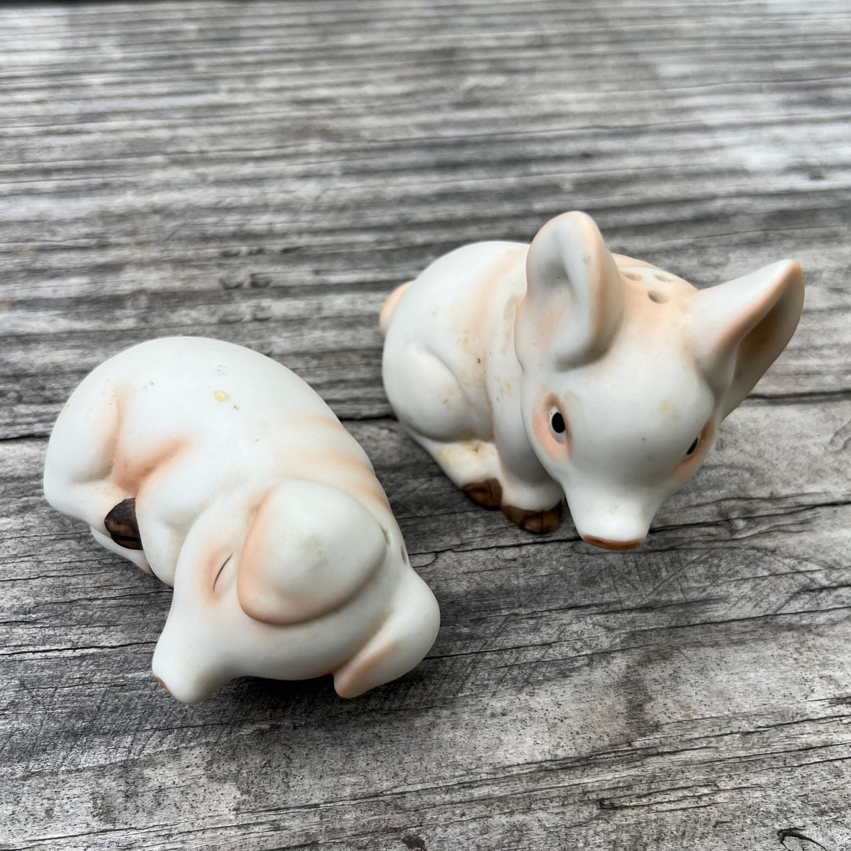 Vintage bisque piglet salt n’ pepper shakers.