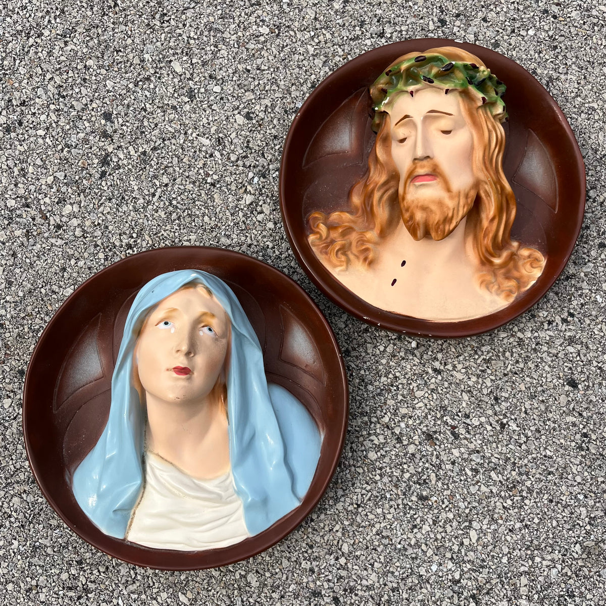 1960s Chalkware Christ and Mary plaques.