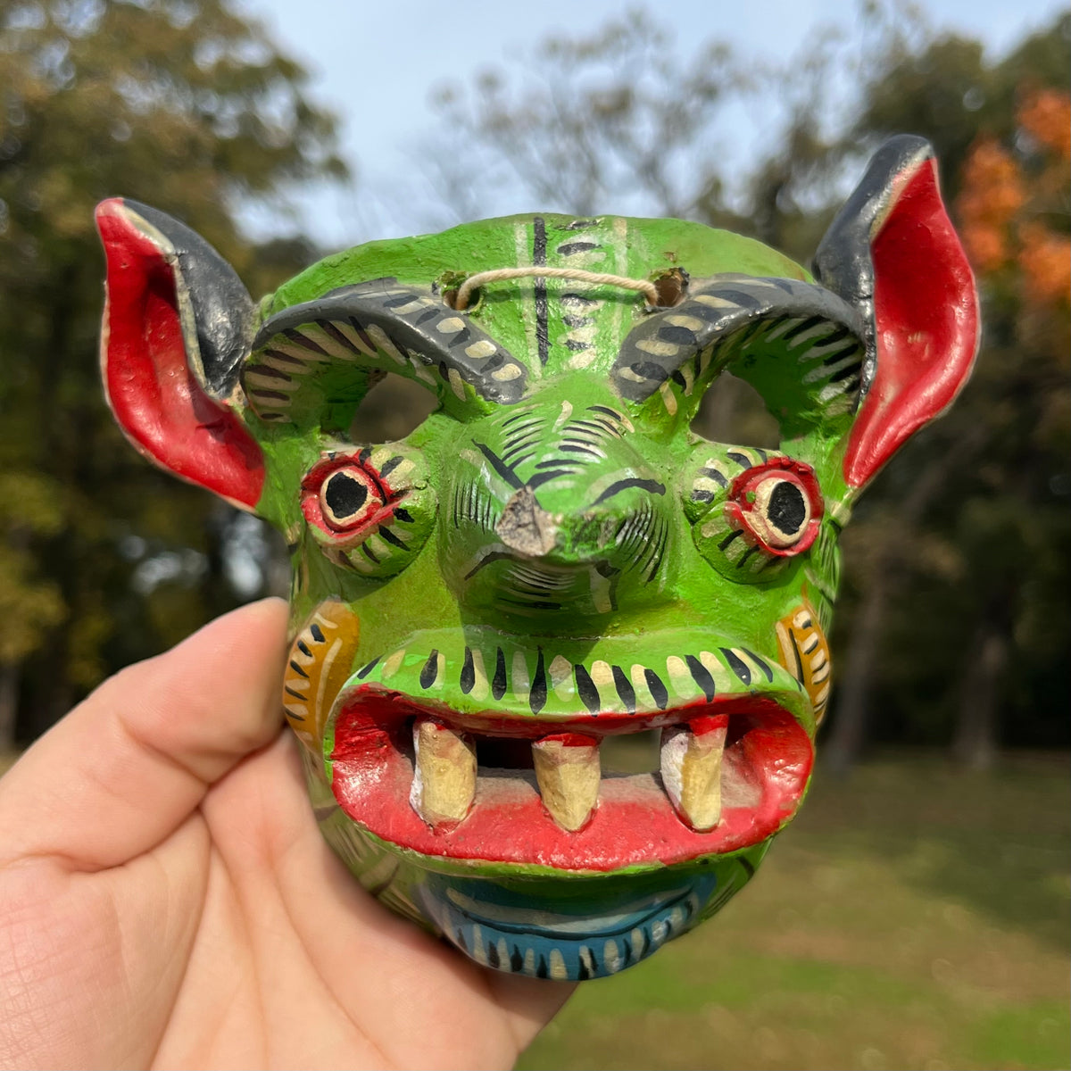 Vintage hand crafted green Diablo mask. (Chipped nose)