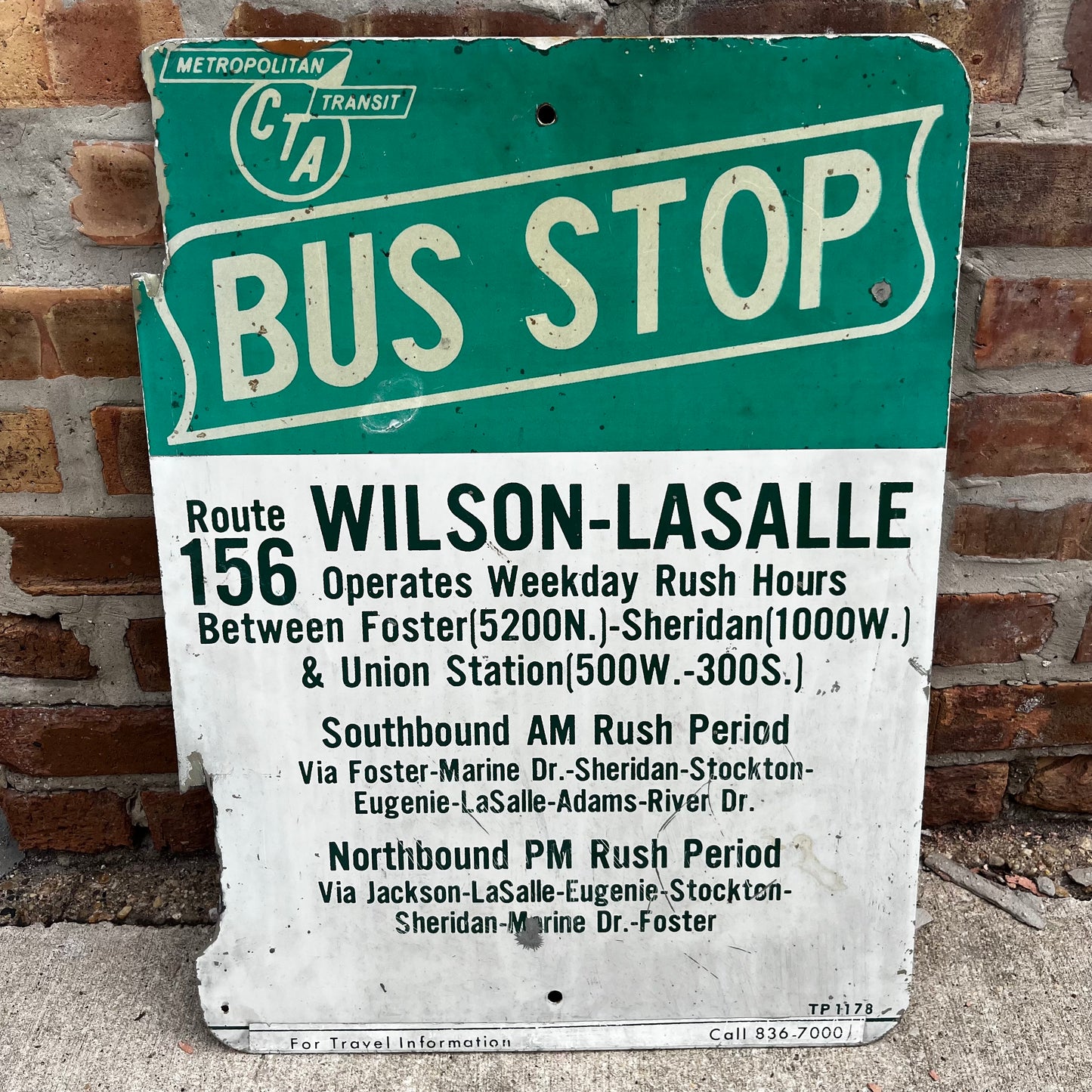 1960s Double sided Chicago Transit Authority (CTA) Bus stop sign. Route 156 between Wilson-Lasalle.