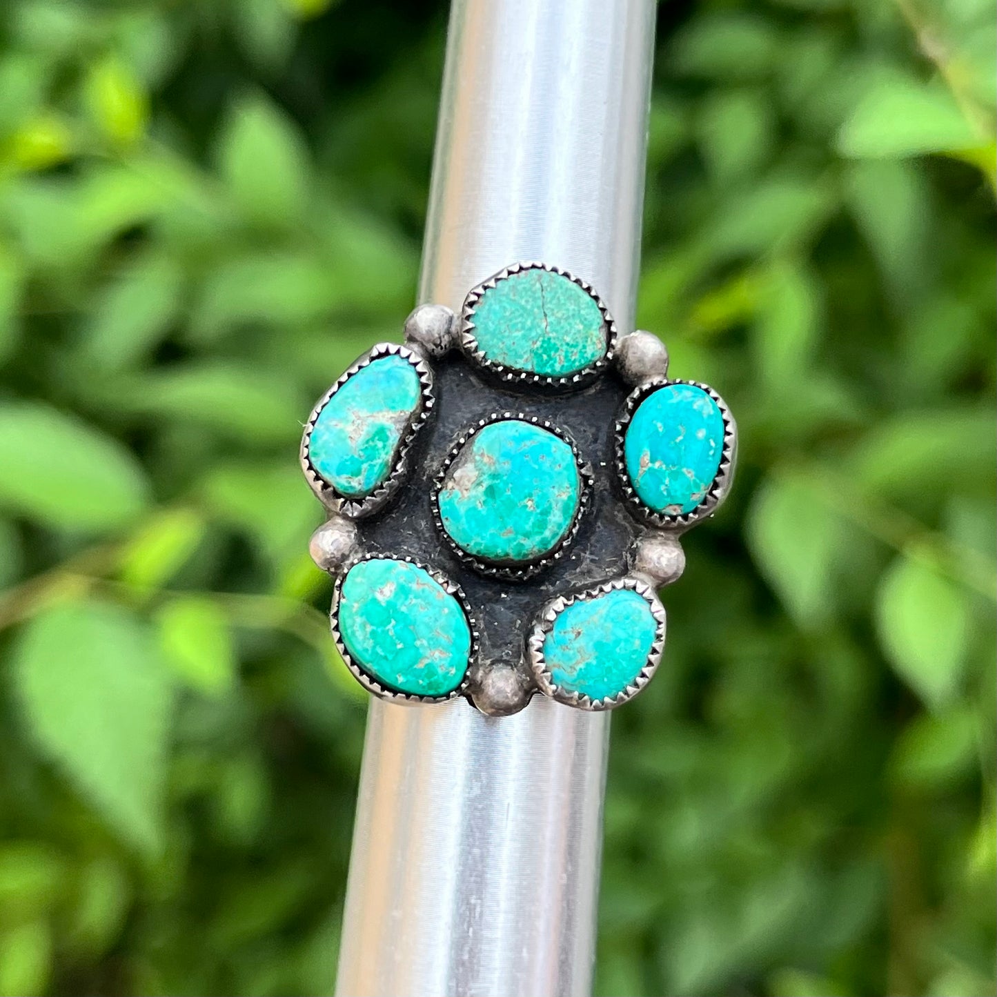 Vintage Sterling silver Navajo turquoise cluster ring. Size 4.5.