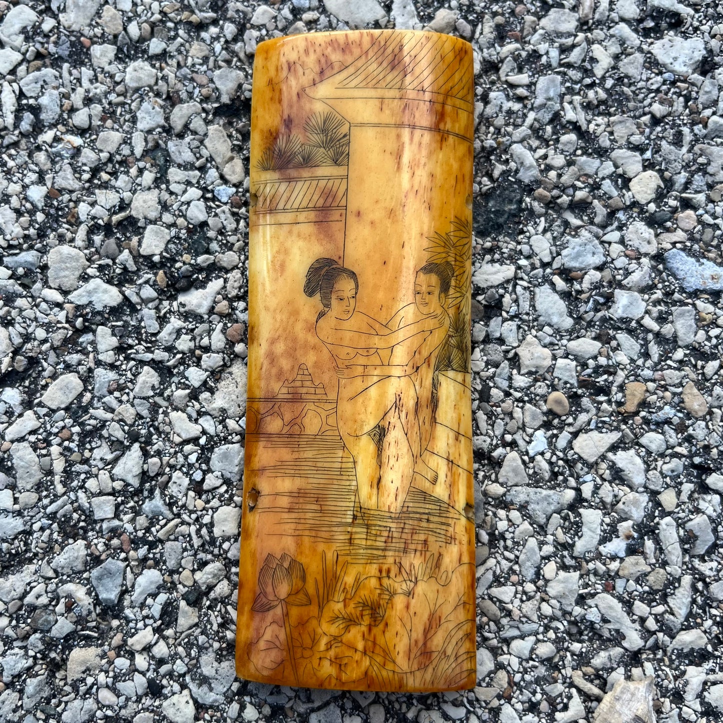 Vintage Chinese erotic scrimshaw on real ox bone.