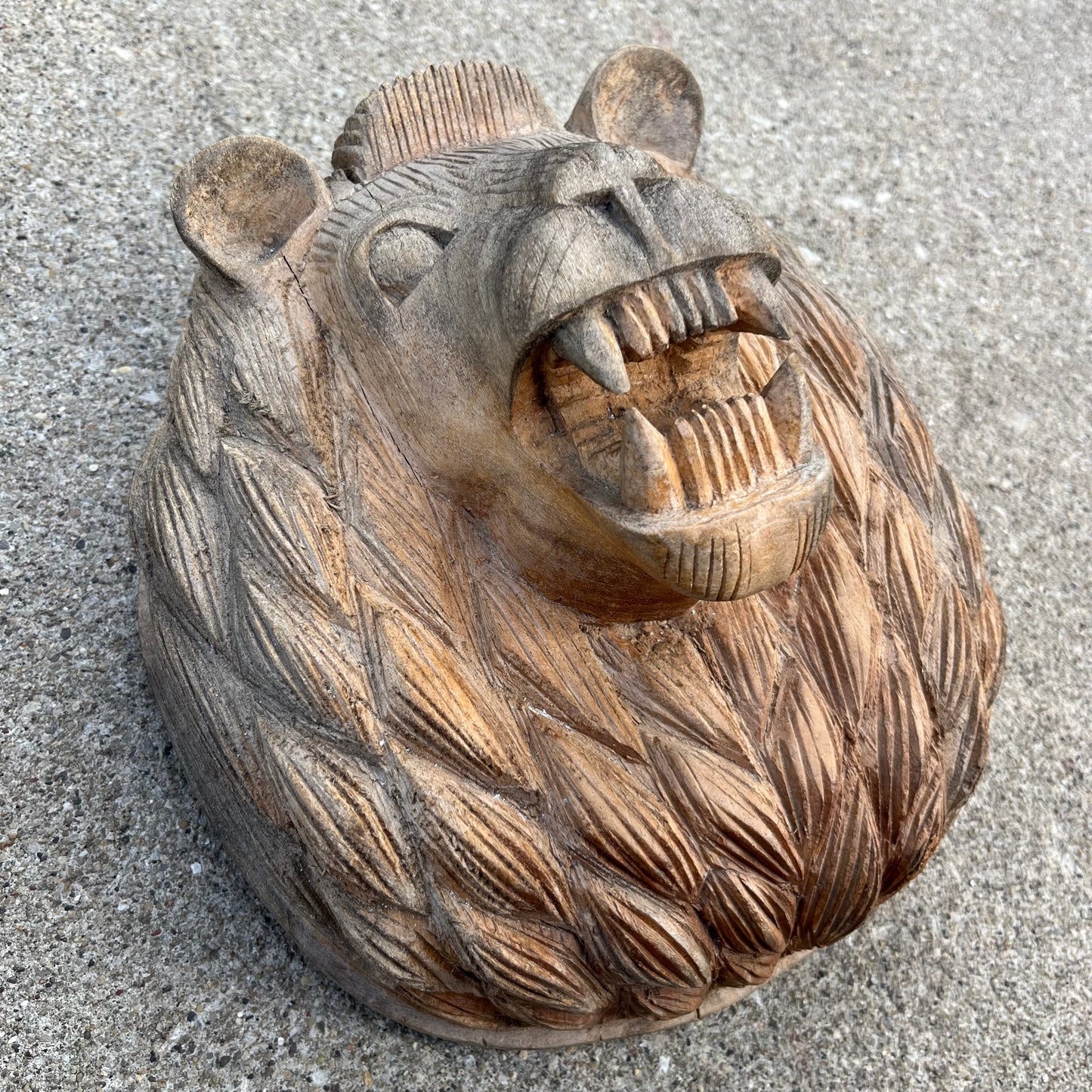 Vintage hand carved wooden growling lion.