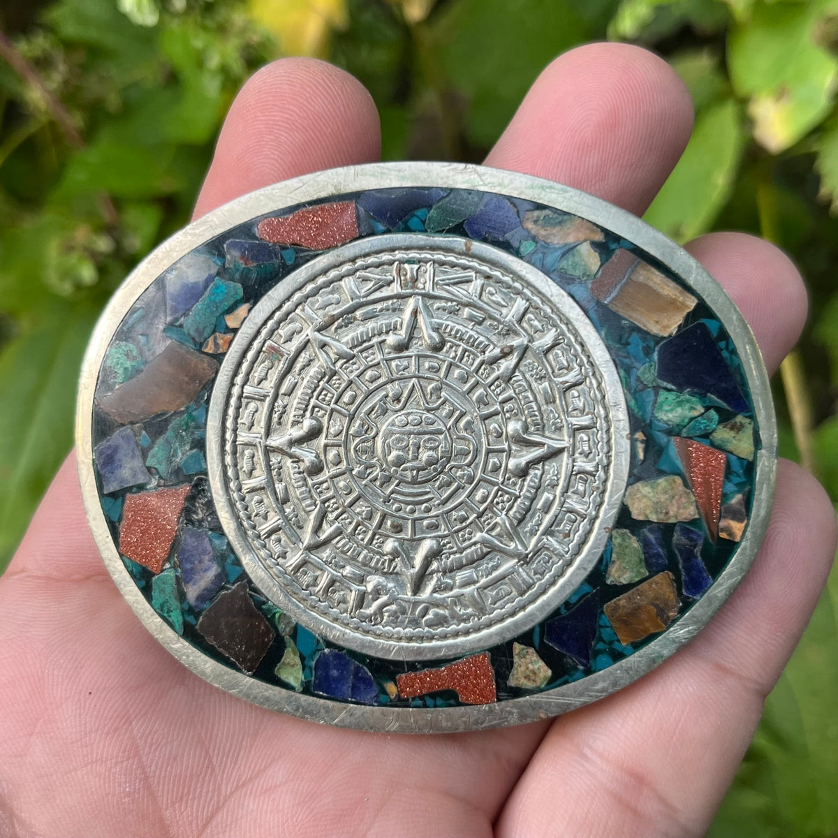 Vintage Aztec calendar belt buckle.