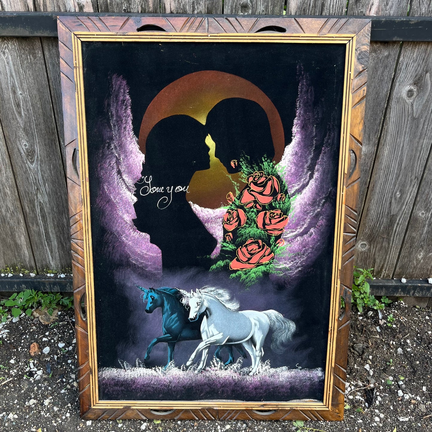 1970s Unicorns/“Love you” on black velvet.