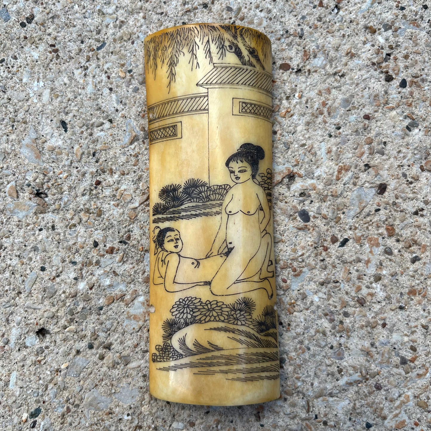 Vintage Chinese erotic scrimshaw on real ox bone.