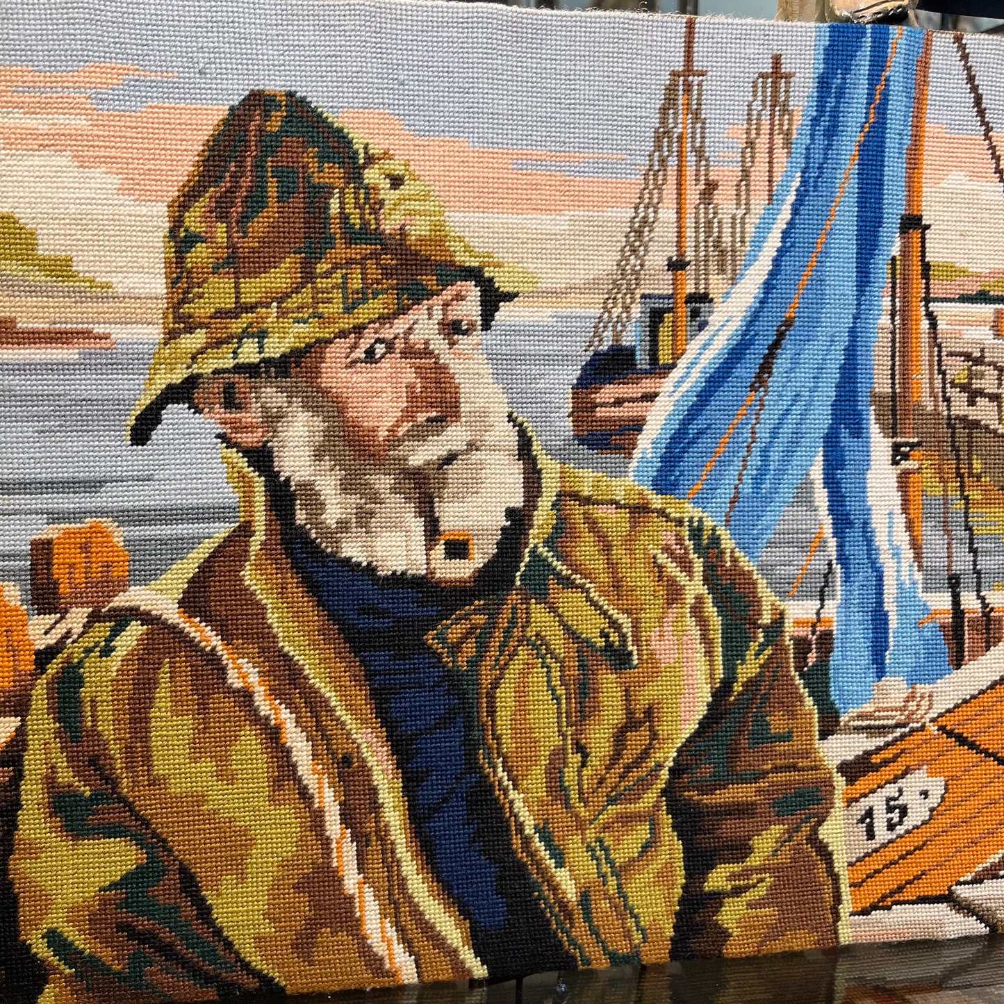 Vintage French fisherman needlepoint. (Unframed)