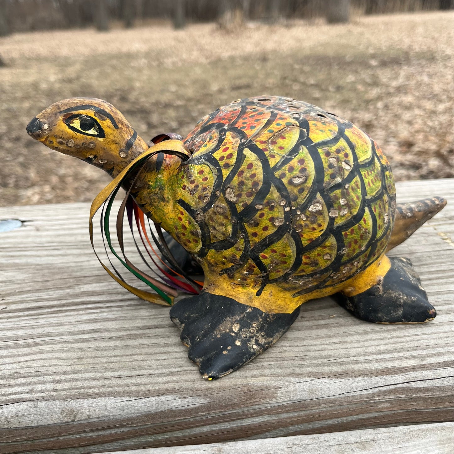 Hand crafted turtle gourd maraca.