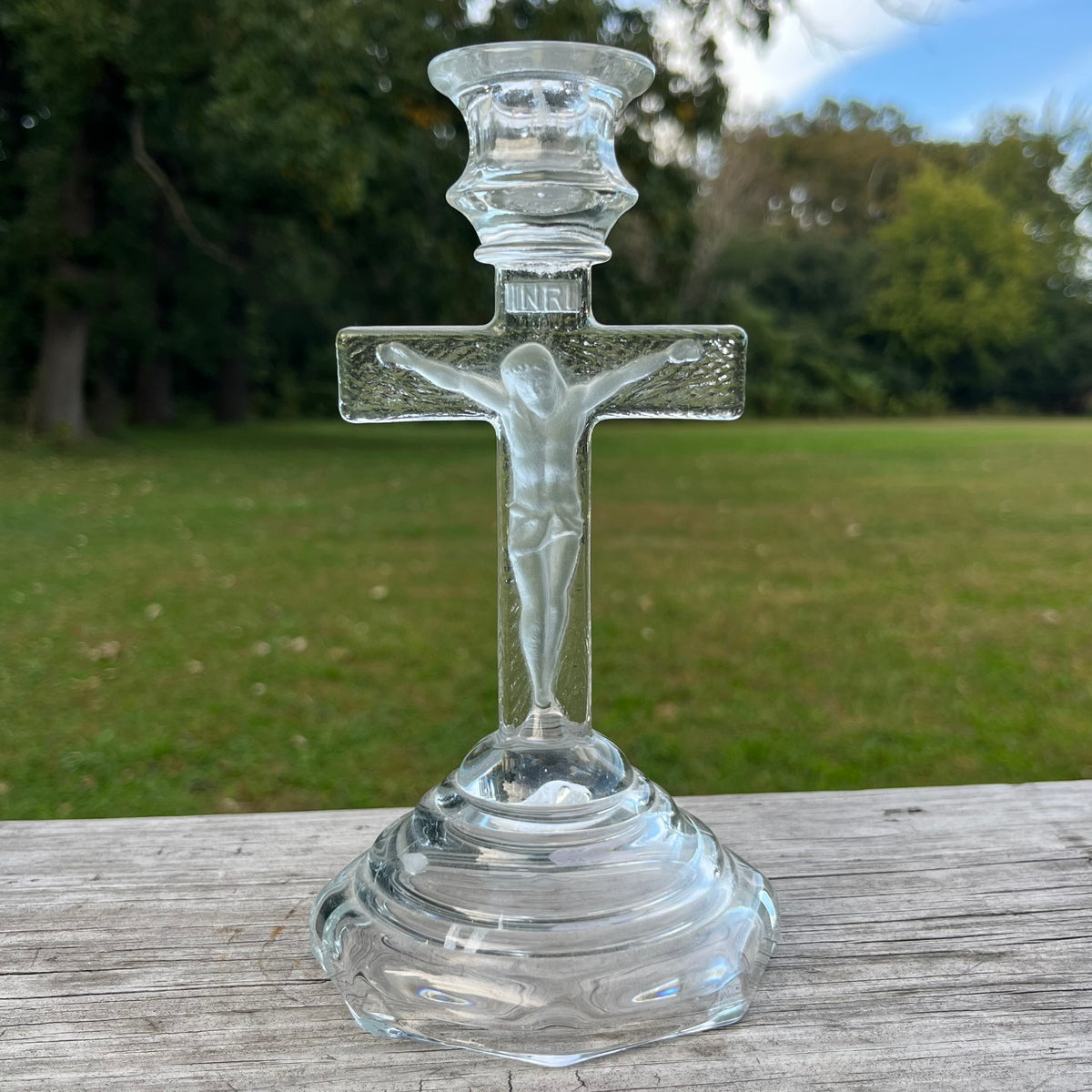 Vintage glass crucifix candle holder.