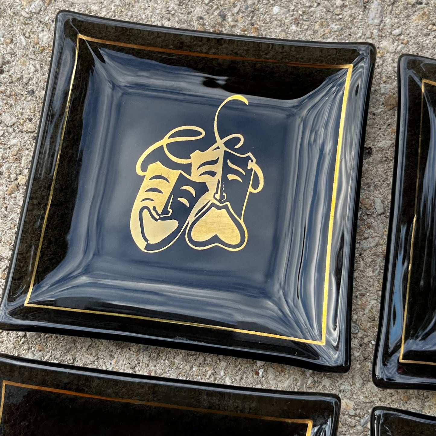 Vintage glass drama mask dish set.