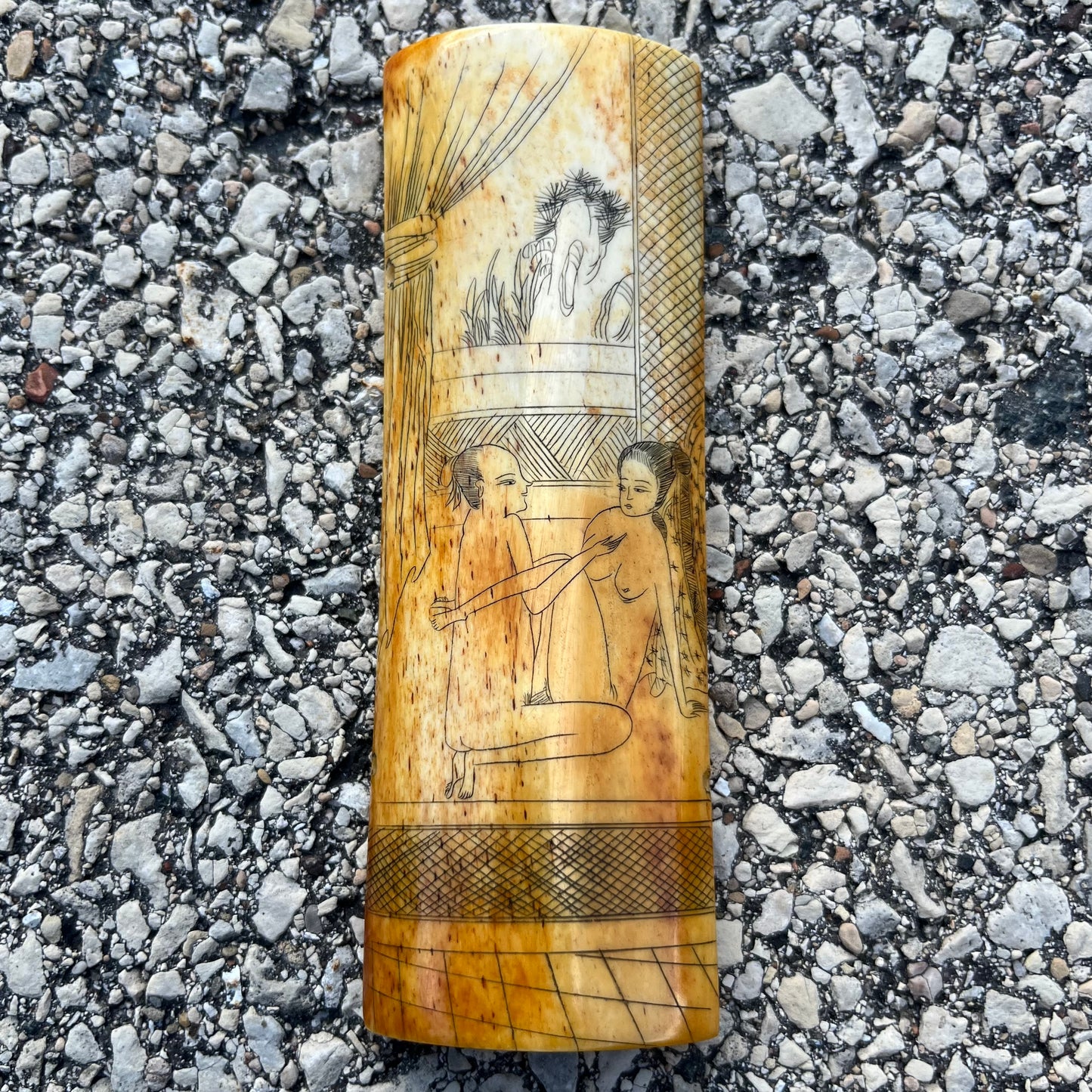 Vintage Chinese erotic scrimshaw on real ox bone.