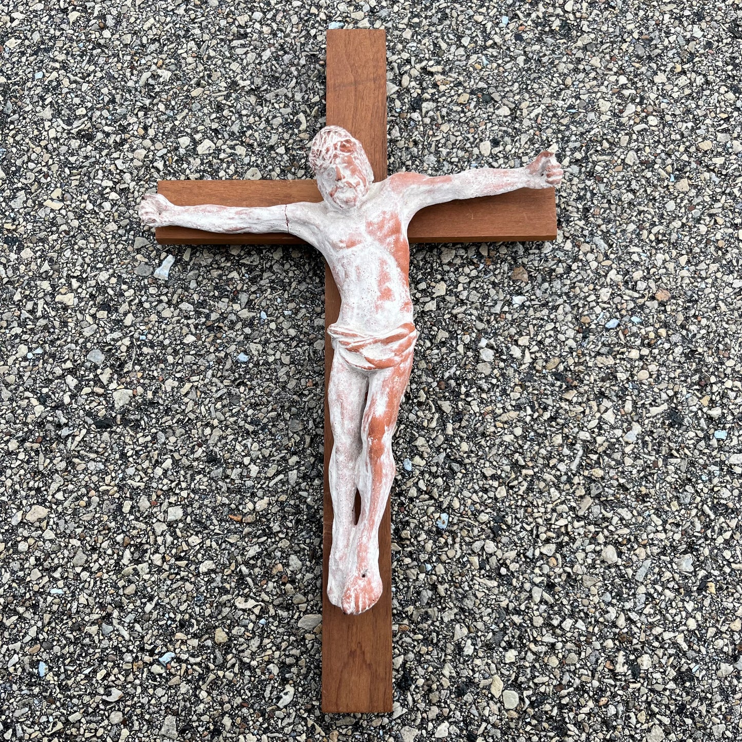 Vintage two piece clay crucifix.