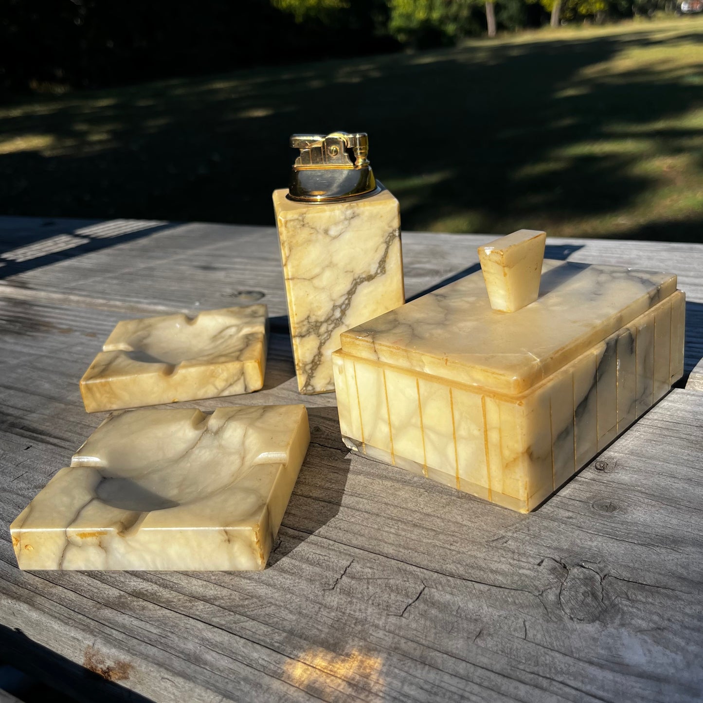 1950s Marble ashtray and lighter set.