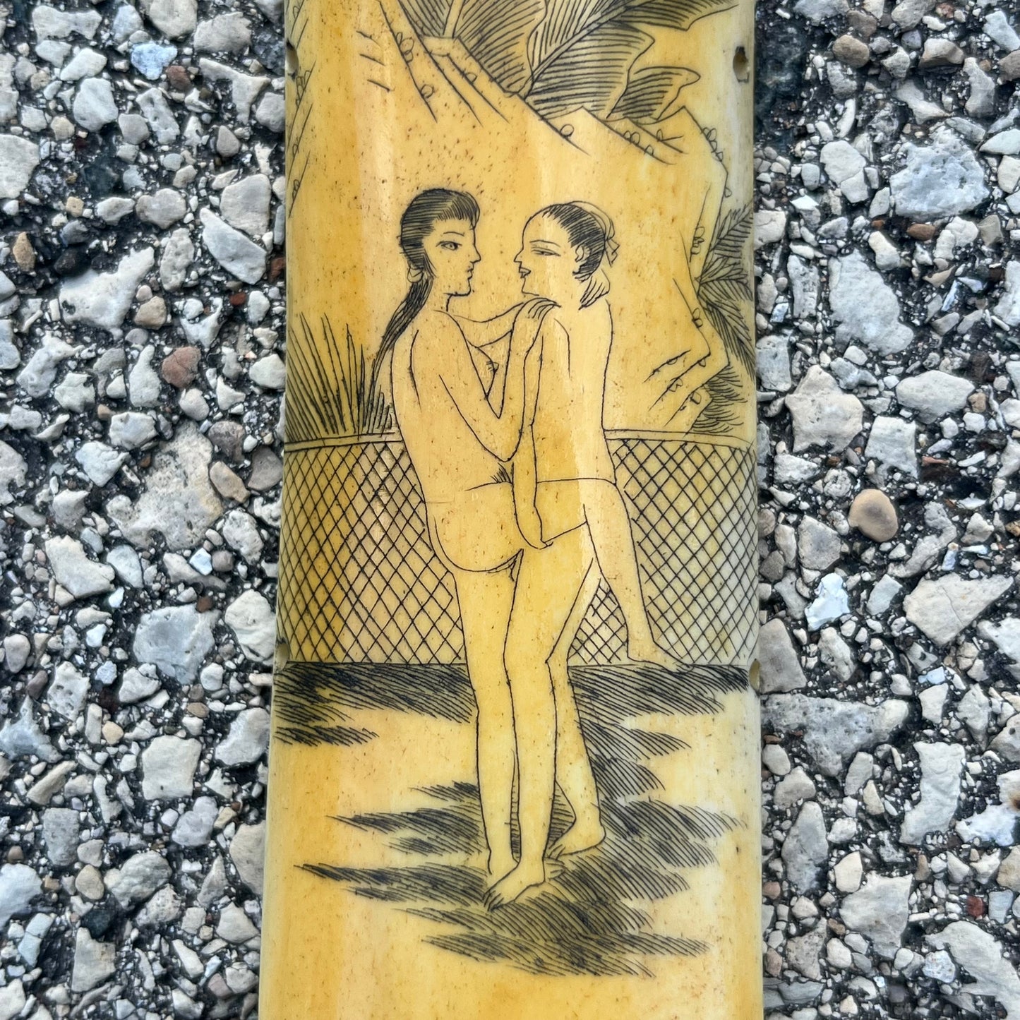 Vintage Chinese erotic scrimshaw on real ox bone.
