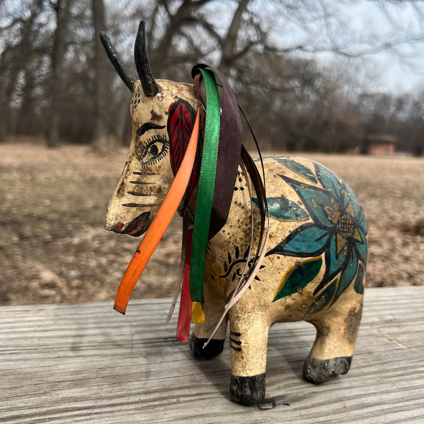 Hand crafted goat gourd maraca.