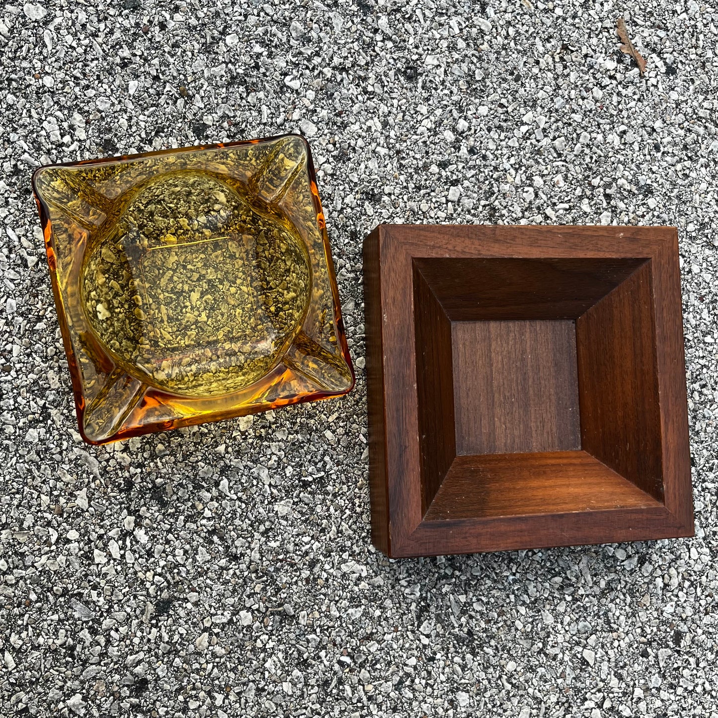 1960s Two piece wood and Amber glass ashtray.
