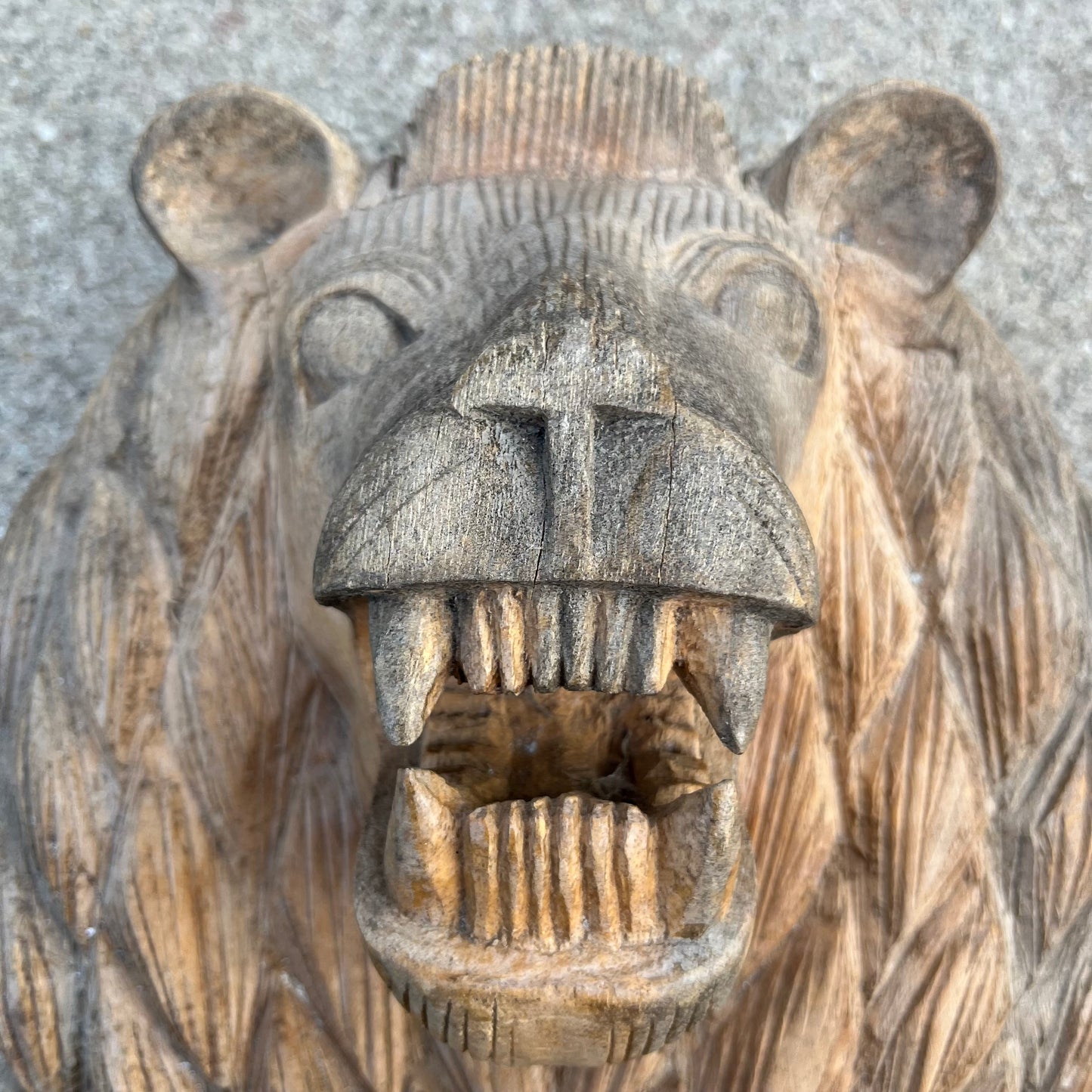 Vintage hand carved wooden growling lion.