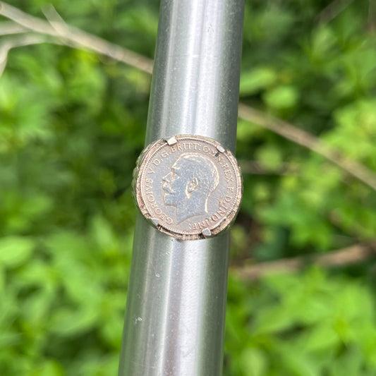 Vintage Sterling silver king George coin ring. Size 11.