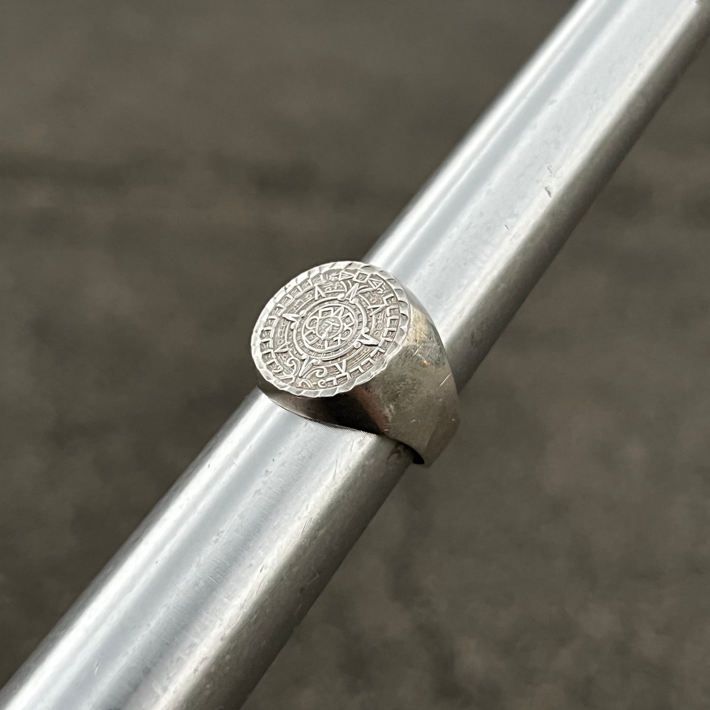 Vintage Sterling Aztec calendar signet ring. Size 7.