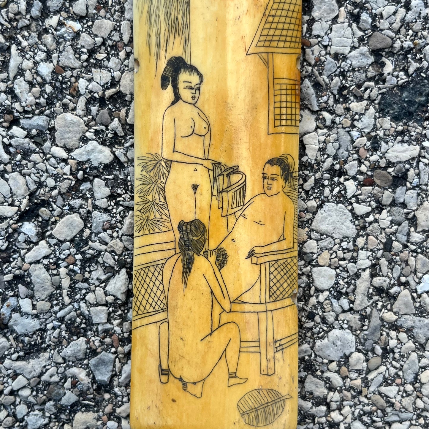 Vintage Chinese erotic scrimshaw on real ox bone.