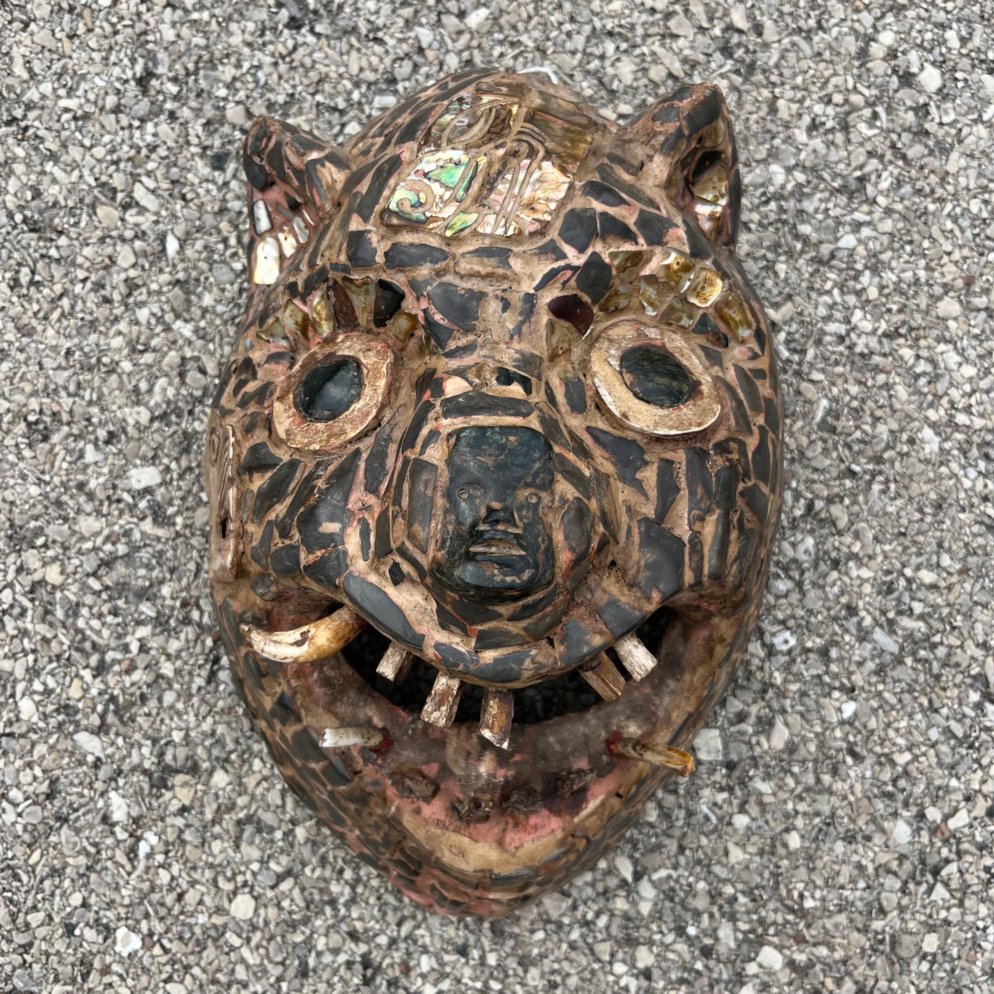 Vintage abalone Danza Del Tigre jaguar mask.