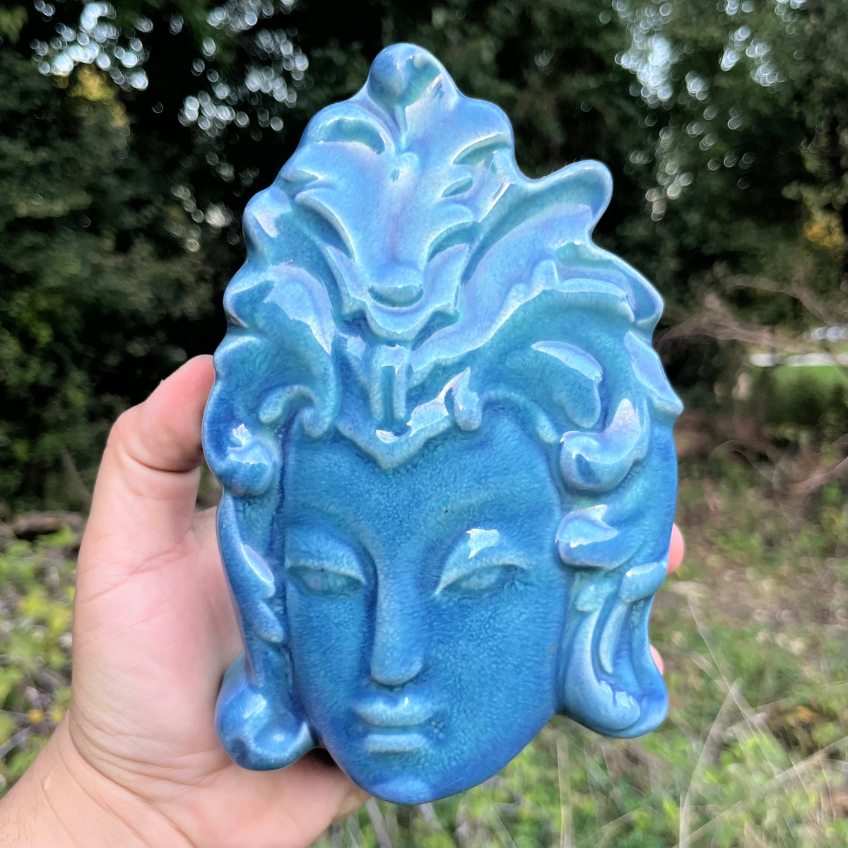 Vintage Blue glazed wall pocket.