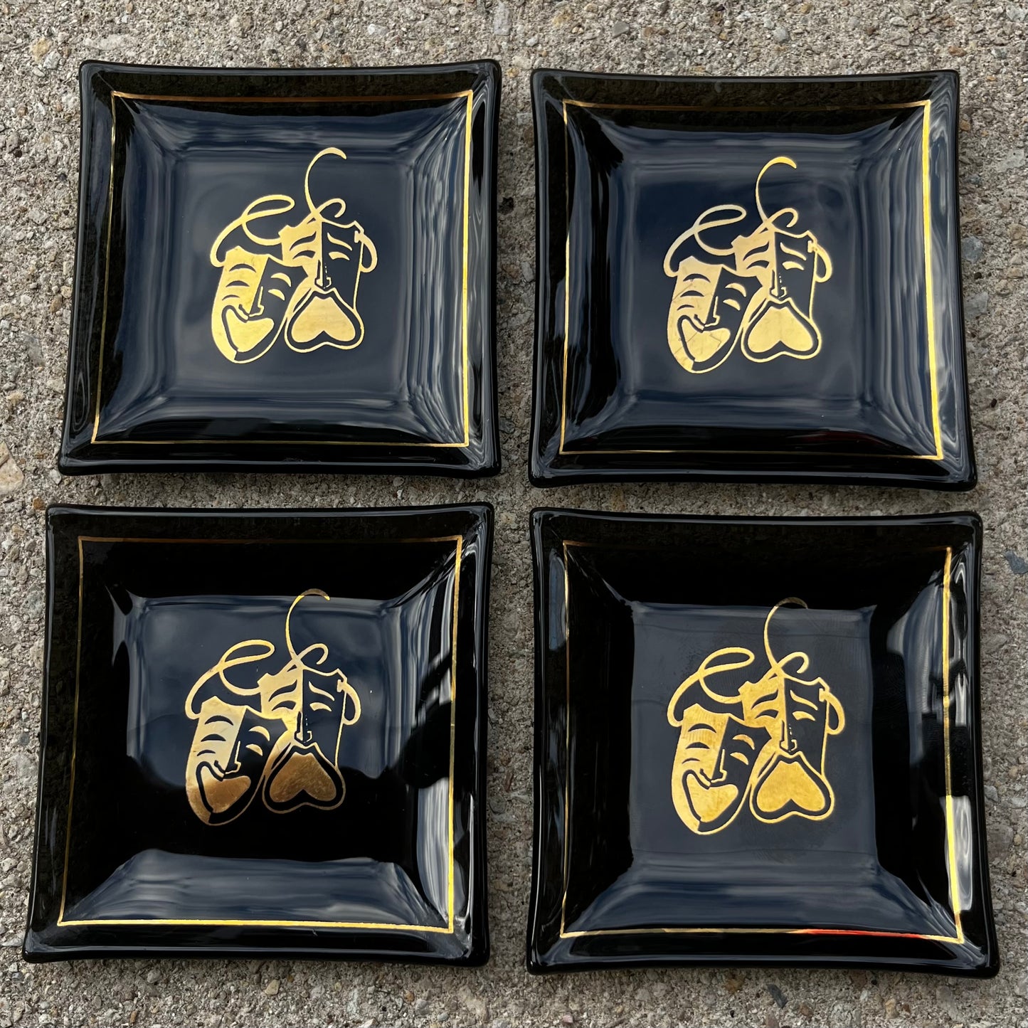 Vintage glass drama mask dish set.