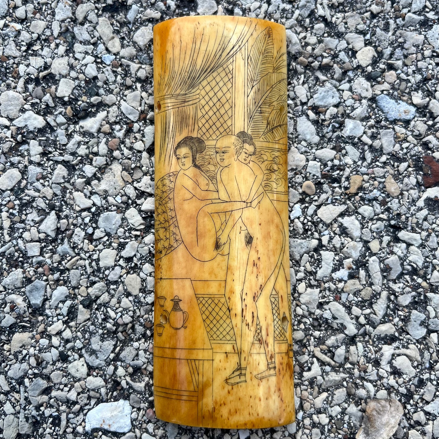 Vintage Chinese erotic scrimshaw on real ox bone.