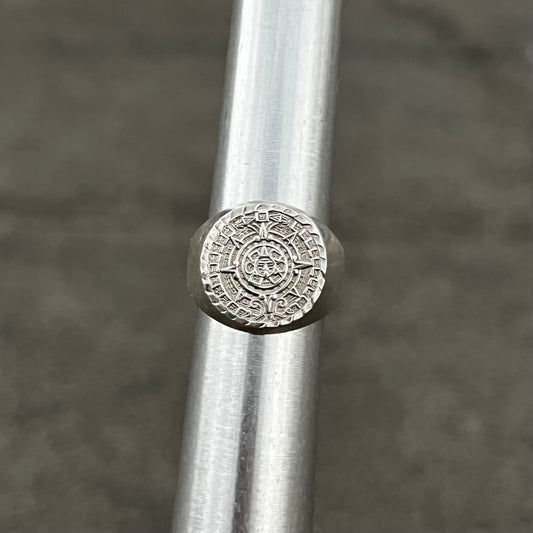 Vintage Sterling Aztec calendar signet ring. Size 7.